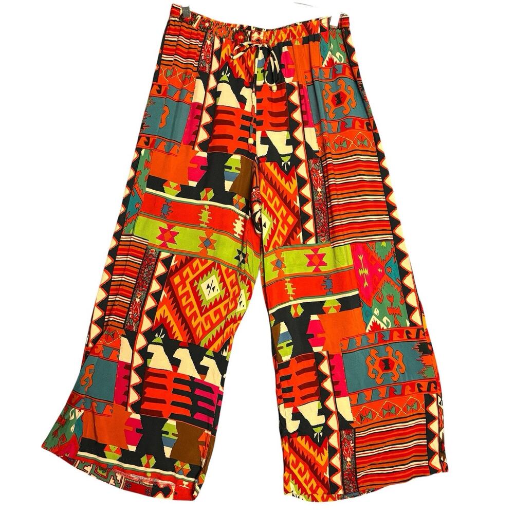 Christian Siriano Pants 1X Boho Patchwork Wide Leg Rayo Festival Drawstring